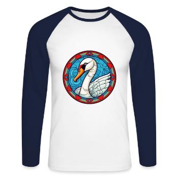 Cygne vitrail coloré dessin animé Kawaii Animal - T-shirt baseball manches longues Homme - blanc/marine - Devant - Nik (191cm)