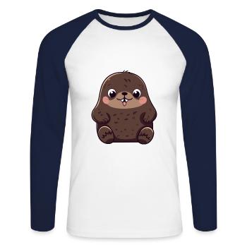 Mole Cute Happy Kawaii Cartoon Clipart Animal - Unisex Long Sleeve Baseball T-Shirt - white/navy - Front - Nik (191cm)