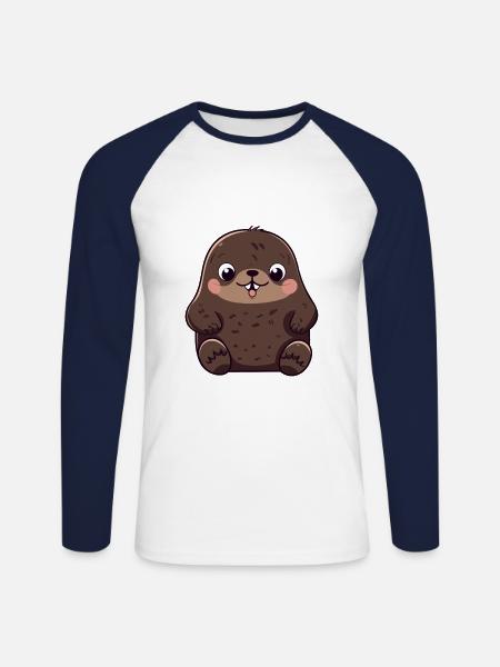 Mol Schattig Gelukkig Kawaii Cartoon Clipart Dier - Mannen baseballshirt lange mouw - wit/navy