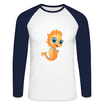 Seepferdchen süßes glückliches Kawaii Cartoon Clipart Tier - Unisex Baseballshirt langarm - Weiß/Navy - Vorne - Nik (191cm)