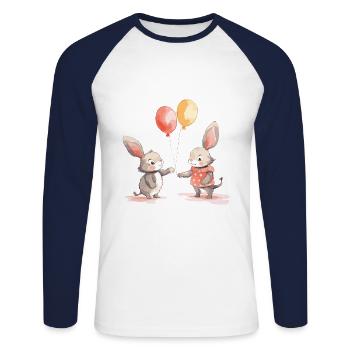 Rabbits Kawaii Cartoon Pet Playing With Balloons - Unisex Long Sleeve Baseball T-Shirt - white/navy - Front - Nik (191cm)