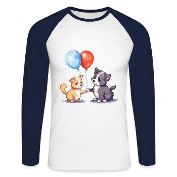 Dessin animé kawaii de chat et de chien jouant avec des ballons - T-shirt baseball manches longues Homme - blanc/marine - Devant - Nik (191cm)