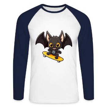 Lustige Fledermaus Kawaii Cartoon Haustier spielt Skateboard - Unisex Baseballshirt langarm - Weiß/Navy - Vorne - Nik (191cm)