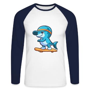 Lustiger Delfin Kawaii Cartoon spielt Skateboard - Unisex Baseballshirt langarm - Weiß/Navy - Vorne - Nik (191cm)