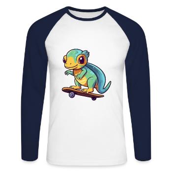 Drôle Caméléon Kawaii Cartoon Jouer Skateboard - T-shirt baseball manches longues Homme - blanc/marine - Devant - Nik (191cm)