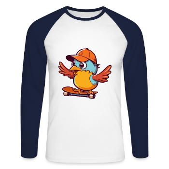 Drôle d’oiseau kawaii dessin animé animal de compagnie jouant à la planche à roulettes - T-shirt baseball manches longues Homme - blanc/marine - Devant - Nik (191cm)