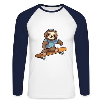 Funny Sloth Kawaii Cartoon Pet Playing Skateboard - Unisex Long Sleeve Baseball T-Shirt - white/navy - Front - Nik (191cm)