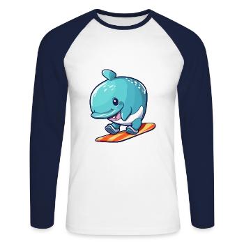 Drôle Baleine Kawaii Cartoon Pet Jouant Skateboard - T-shirt baseball manches longues Homme - blanc/marine - Devant - Nik (191cm)