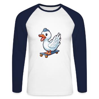 Funny Swan Kawaii Cartoon Pet Jouant Skateboard - T-shirt baseball manches longues Homme - blanc/marine - Devant - Nik (191cm)