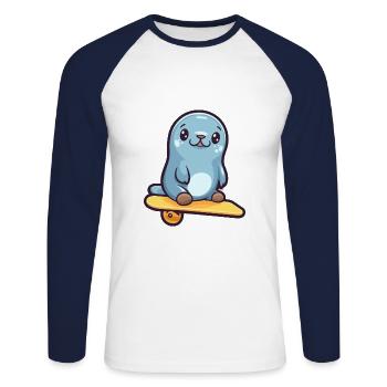 Lustige Robbe Kawaii Cartoon Haustier spielt Skateboard - Unisex Baseballshirt langarm - Weiß/Navy - Vorne - Nik (191cm)
