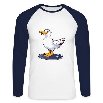 Funny Seagull Kawaii Cartoon Playing Skateboard - Unisex Long Sleeve Baseball T-Shirt - white/navy - Front - Nik (191cm)