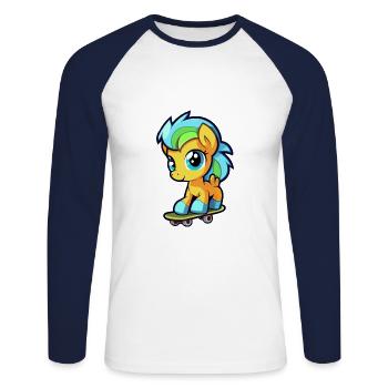 Drôle Ponny Kawaii Cartoon Pet Jouer Skateboard - T-shirt baseball manches longues Homme - blanc/marine - Devant - Nik (191cm)