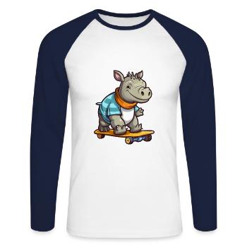 Funny Rhino Kawaii Cartoon Pet Playing Skateboard - Unisex Long Sleeve Baseball T-Shirt - white/navy - Front - Nik (191cm)