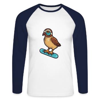 Funny Partridge Kawaii Cartoon Playing Skateboard - Unisex Long Sleeve Baseball T-Shirt - white/navy - Front - Nik (191cm)