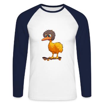 Funny Ostrich Kawaii Cartoon Playing Skateboard - Unisex Long Sleeve Baseball T-Shirt - white/navy - Front - Nik (191cm)