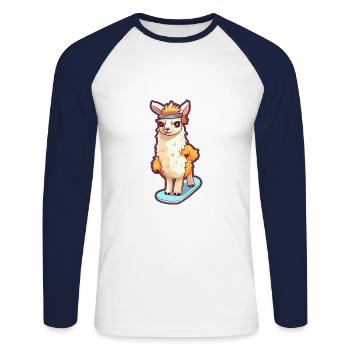 Lustiges Lama Kawaii Cartoon Haustier spielt Skateboard - Unisex Baseballshirt langarm - Weiß/Navy - Vorne - Nik (191cm)