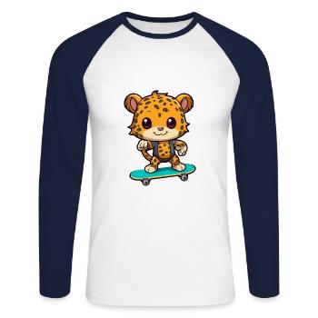 Funny Leopard Kawaii Cartoon Playing Skateboard - Unisex Long Sleeve Baseball T-Shirt - white/navy - Front - Nik (191cm)
