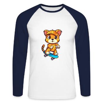 Drôle Cougar Kawaii Cartoon Pet Jouant Skateboard - T-shirt baseball manches longues Homme - blanc/marine - Devant - Nik (191cm)