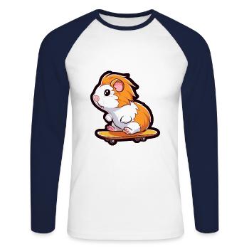 Cochon d’Inde Kawaii Cartoon Jouant Skateboard - T-shirt baseball manches longues Homme - blanc/marine - Devant - Nik (191cm)