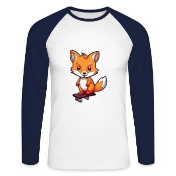 Lustiger Fuchs Kawaii Cartoon Haustier spielt Skateboard - Unisex Baseballshirt langarm - Weiß/Navy - Vorne - Nik (191cm)