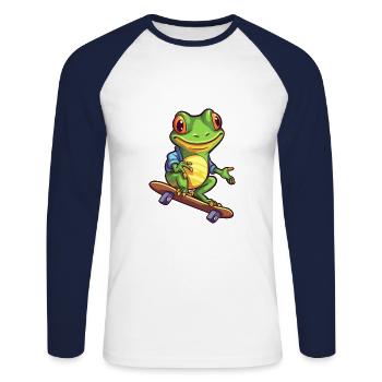 Funny Frog Kawaii Cartoon Pet Playing Skateboard - Unisex Long Sleeve Baseball T-Shirt - white/navy - Front - Nik (191cm)