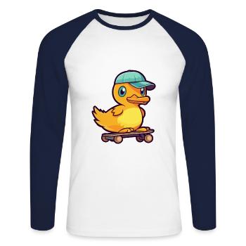 Drôle Canard Kawaii Cartoon Pet Jouant Skateboard - T-shirt baseball manches longues Homme - blanc/marine - Devant - Nik (191cm)