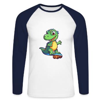 Funny Dinosaur Kawaii Cartoon Playing Skateboard - Unisex Long Sleeve Baseball T-Shirt - white/navy - Front - Nik (191cm)