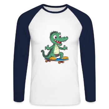Funny Crocodile Kawaii Cartoon Playing Skateboard - Unisex Long Sleeve Baseball T-Shirt - white/navy - Front - Nik (191cm)
