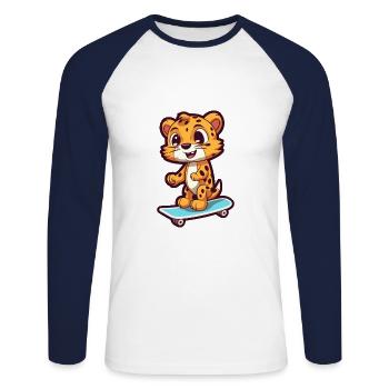 Funny Cheetah Kawaii Cartoon Playing Skateboard - Unisex Long Sleeve Baseball T-Shirt - white/navy - Front - Nik (191cm)