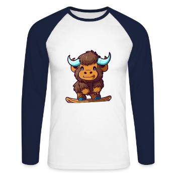 Funny Bison Kawaii Cartoon Pet Playing Skateboard - Unisex Long Sleeve Baseball T-Shirt - white/navy - Front - Nik (191cm)