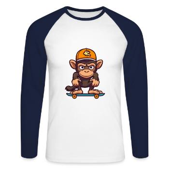 Funny Chimpanzee Kawaii Cartoon Playing Skateboard - Unisex Long Sleeve Baseball T-Shirt - white/navy - Front - Nik (191cm)