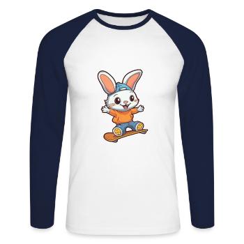 Lustiger Hase Kawaii Cartoon Haustier spielt Skateboard - Unisex Baseballshirt langarm - Weiß/Navy - Vorne - Nik (191cm)