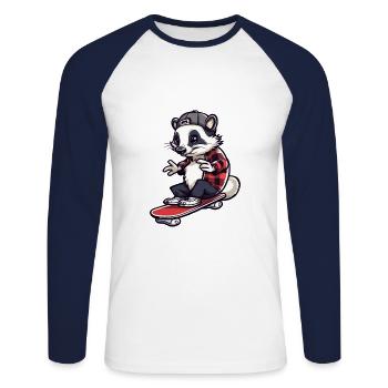 Lustiger Dachs Kawaii Cartoon Haustier spielt Skateboard - Unisex Baseballshirt langarm - Weiß/Navy - Vorne - Nik (191cm)