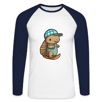 Funny Armadillo Kawaii Cartoon Playing Skateboard - Unisex Long Sleeve Baseball T-Shirt - white/navy - Front - Nik (191cm)