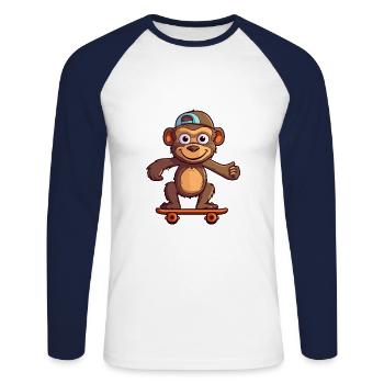 Drôle Babbouin Kawaii Cartoon Pet Jouer Skateboard - T-shirt baseball manches longues Homme - blanc/marine - Devant - Nik (191cm)