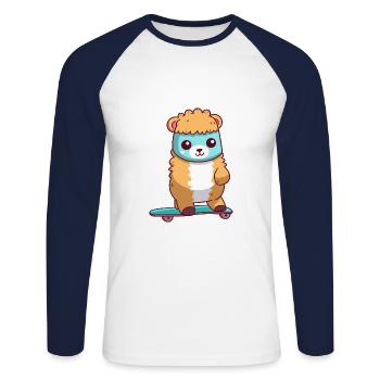 Funny Alpaca Kawaii Cartoon Pet Playing Skateboard - Unisex Long Sleeve Baseball T-Shirt - white/navy - Front - Nik (191cm)