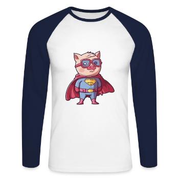 Super-héros Cochon Drôle Kawaii Dessin animé Animal de compagnie - T-shirt baseball manches longues Homme - blanc/marine - Devant - Nik (191cm)