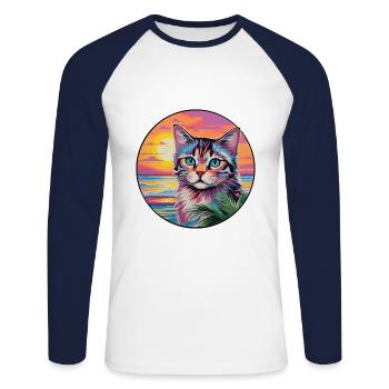 Australian Mist Cat Aquarelle Dessin animé Kawaii - T-shirt baseball manches longues Homme - blanc/marine - Devant - Nik (191cm)