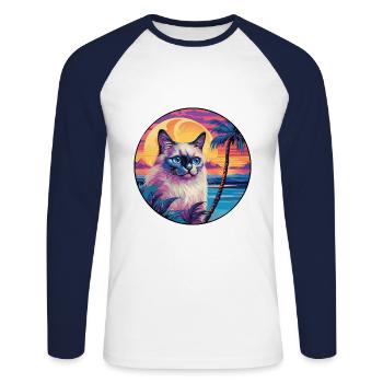 Birman Sacré Chat Race Aquarelle Dessin Animé Kawaii - T-shirt baseball manches longues Homme - blanc/marine - Devant - Nik (191cm)