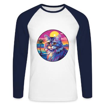 Chat britannique à poil long Aquarelle dessin animé Kawaii - T-shirt baseball manches longues Homme - blanc/marine - Devant - Nik (191cm)