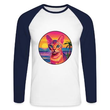 Abyssin Shorthair Chat Aquarelle Dessin Animé Kawaii - T-shirt baseball manches longues Homme - blanc/marine - Devant - Nik (191cm)