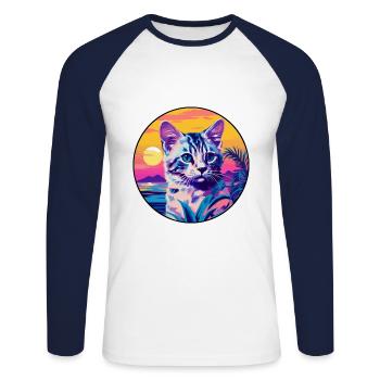 Animal de compagnie australien de dessin animé d'aquarelle de chat de brume tachetée - T-shirt baseball manches longues Homme - blanc/marine - Devant - Nik (191cm)