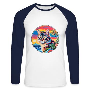 Dessin animé aquarelle chat Bobtail américain Kawaii - T-shirt baseball manches longues Homme - blanc/marine - Devant - Nik (191cm)