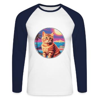 Chat polydactyle américain Aquarelle Dessin animé Kawaii - T-shirt baseball manches longues Homme - blanc/marine - Devant - Nik (191cm)
