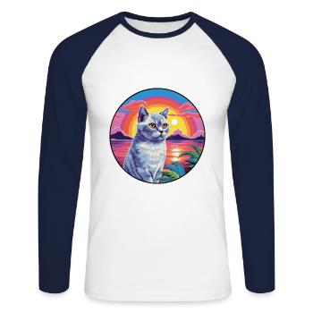 Britische Kurzhaarkatze, Aquarell-Cartoon-Haustier - Unisex Baseballshirt langarm - Weiß/Navy - Vorne - Nik (191cm)