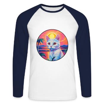 Burmilla Chat Race Aquarelle Dessin animé Kawaii Pet - T-shirt baseball manches longues Homme - blanc/marine - Devant - Nik (191cm)