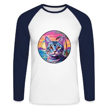 Dessin animé aquarelle chat American Shorthair Kawaii - T-shirt baseball manches longues Homme - blanc/marine - Devant - Nik (191cm)
