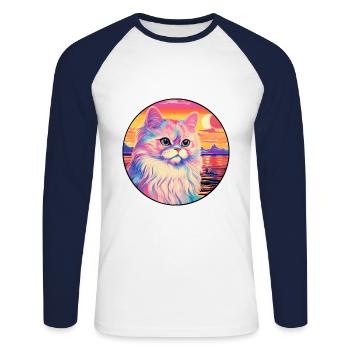 Colorpoint chat persan aquarelle dessin animé Kawaii - T-shirt baseball manches longues Homme - blanc/marine - Devant - Nik (191cm)