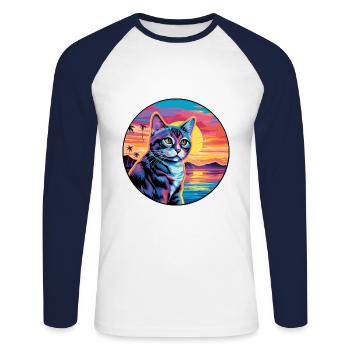 Chypre Chat Race Aquarelle Dessin Animé Kawaii Pet - T-shirt baseball manches longues Homme - blanc/marine - Devant - Nik (191cm)