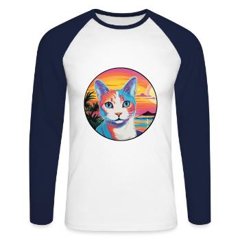 Chat Bobtail Japonais Aquarelle Dessin animé Kawaii - T-shirt baseball manches longues Homme - blanc/marine - Devant - Nik (191cm)